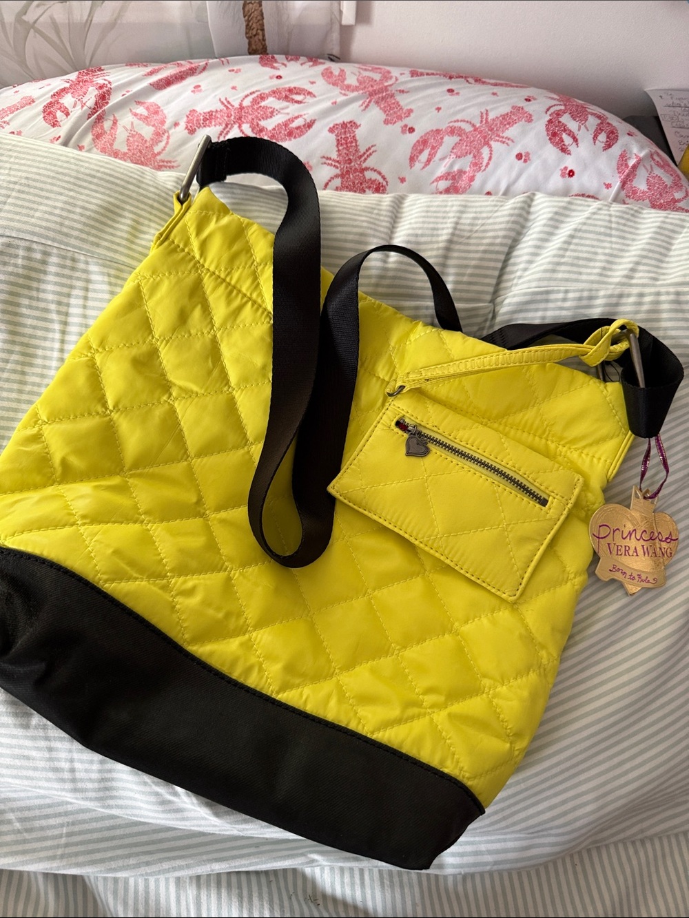 NWT Vera Wang Princess Quilted Yellow Crossbody Tote 13.5 wide, 12” tall &4.5”